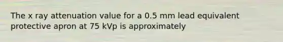 The x ray attenuation value for a 0.5 mm lead equivalent protective apron at 75 kVp is approximately