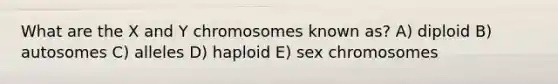 What are the X and Y chromosomes known as? A) diploid B) autosomes C) alleles D) haploid E) sex chromosomes