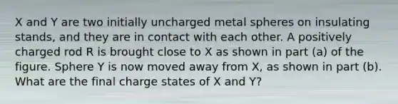 X and Y are two initially uncharged metal spheres on insulating stands, and they are in contact with each other. A positively charged rod R is brought close to X as shown in part (a) of the figure. Sphere Y is now moved away from X, as shown in part (b). What are the final charge states of X and Y?