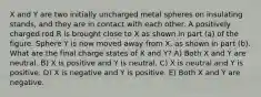 X and Y are two initially uncharged metal spheres on insulating stands, and they are in contact with each other. A positively charged rod R is brought close to X as shown in part (a) of the figure. Sphere Y is now moved away from X, as shown in part (b). What are the final charge states of X and Y? A) Both X and Y are neutral. B) X is positive and Y is neutral. C) X is neutral and Y is positive. D) X is negative and Y is positive. E) Both X and Y are negative.