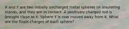 X and Y are two initially uncharged metal spheres on insulating stands, and they are in contact. A positively charged rod is brought close to X. Sphere Y is now moved away from X. What are the finals charges of each sphere?