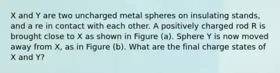 X and Y are two uncharged metal spheres on insulating stands, and a re in contact with each other. A positively charged rod R is brought close to X as shown in Figure (a). Sphere Y is now moved away from X, as in Figure (b). What are the final charge states of X and Y?