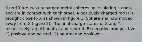 X and Y are two uncharged metal spheres on insulating stands, and are in contact with each other. A positively charged rod R is brought close to X as shown in figure 1. Sphere Y is now moved away from X (figure 2). The final charge states of X and Y, respectively, are A) neutral and neutral. B) negative and positive. C) positive and neutral. D) neutral and positive.