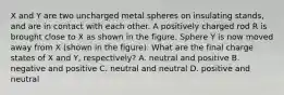 X and Y are two uncharged metal spheres on insulating stands, and are in contact with each other. A positively charged rod R is brought close to X as shown in the figure. Sphere Y is now moved away from X (shown in the figure). What are the final charge states of X and Y, respectively? A. neutral and positive B. negative and positive C. neutral and neutral D. positive and neutral