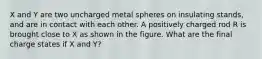 X and Y are two uncharged metal spheres on insulating stands, and are in contact with each other. A positively charged rod R is brought close to X as shown in the figure. What are the final charge states if X and Y?