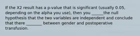 If the X2 result has a p-value that is significant (usually 0.05, depending on the alpha you use), then you ______the null hypothesis that the two variables are independent and conclude that there ________ between gender and postoperative transfusion.