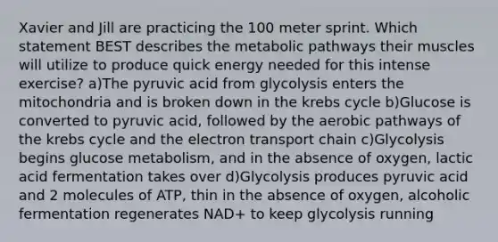 Xavier and Jill are practicing the 100 meter sprint. Which statement BEST describes the metabolic pathways their muscles will utilize to produce quick energy needed for this intense exercise? a)The pyruvic acid from glycolysis enters the mitochondria and is broken down in the krebs cycle b)Glucose is converted to pyruvic acid, followed by the aerobic pathways of the krebs cycle and the electron transport chain c)Glycolysis begins glucose metabolism, and in the absence of oxygen, lactic acid fermentation takes over d)Glycolysis produces pyruvic acid and 2 molecules of ATP, thin in the absence of oxygen, alcoholic fermentation regenerates NAD+ to keep glycolysis running