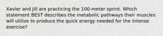 Xavier and Jill are practicing the 100-meter sprint. Which statement BEST describes the metabolic pathways their muscles will utilize to produce the quick energy needed for the intense exercise?