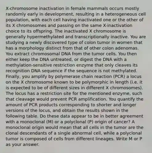 X-chromosome inactivation in female mammals occurs mostly randomly early in development, resulting in a heterogeneous cell population, with each cell having inactivated one or the other of its X chromosomes and passing on the same X-inactivation choice to its offspring. The inactivated X chromosome is generally hypermethylated and transcriptionally inactive. You are studying a newly discovered type of colon tumor in women that has a morphology distinct from that of other colon adenomas. You extract chromosomal DNA from the tumor cells. You then either keep the DNA untreated, or digest the DNA with a methylation-sensitive restriction enzyme that only cleaves its recognition DNA sequence if the sequence is not methylated. Finally, you amplify by polymerase chain reaction (PCR) a locus on the X chromosome known to be polymorphic in length (i.e. it is expected to be of different sizes in different X chromosomes). The locus has a restriction site for the mentioned enzyme, such that cleavage would prevent PCR amplification. You quantify the amount of PCR products corresponding to shorter and longer versions of the locus, and obtain the results shown in the following table. Do these data appear to be in better agreement with a monoclonal (M) or a polyclonal (P) origin of cancer? A monoclonal origin would mean that all cells in the tumor are the clonal descendants of a single abnormal cell, while a polyclonal tumor is composed of cells from different lineages. Write M or P as your answer.