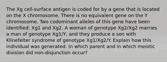 The Xg cell-surface antigen is coded for by a gene that is located on the X chromosome. There is no equivalent gene on the Y chromosome. Two codominant alleles of this gene have been identified: Xg1 and Xg2. A woman of genotype Xg2/Xg2 marries a man of genotype Xg1/Y, and they produce a son with Klinefelter syndrome of genotype Xg1/Xg2/Y. Explain how this individual was generated. In which parent and in which meiotic division did non-disjunction occur?