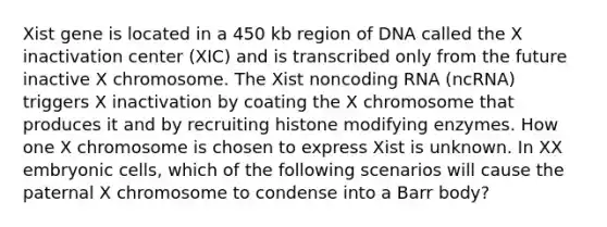 Xist gene is located in a 450 kb region of DNA called the X inactivation center (XIC) and is transcribed only from the future inactive X chromosome. The Xist noncoding RNA (ncRNA) triggers X inactivation by coating the X chromosome that produces it and by recruiting histone modifying enzymes. How one X chromosome is chosen to express Xist is unknown. In XX embryonic cells, which of the following scenarios will cause the paternal X chromosome to condense into a Barr body?