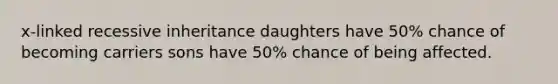 x-linked recessive inheritance daughters have 50% chance of becoming carriers sons have 50% chance of being affected.