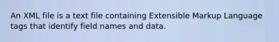 An XML file is a text file containing Extensible Markup Language tags that identify field names and data.