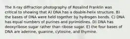 The X-ray diffraction photography of Rosalind Franklin was critical to showing that A) DNA has a double-helix structure. B) the bases of DNA were held together by hydrogen bonds. C) DNA has equal numbers of purines and pyrimidines. D) DNA has deoxyribose sugar rather than ribose sugar. E) the four bases of DNA are adenine, guanine, cytosine, and thymine.