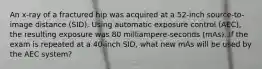 An x-ray of a fractured hip was acquired at a 52-inch source-to-image distance (SID). Using automatic exposure control (AEC), the resulting exposure was 80 milliampere-seconds (mAs). If the exam is repeated at a 40-inch SID, what new mAs will be used by the AEC system?