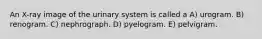 An X-ray image of the urinary system is called a A) urogram. B) renogram. C) nephrograph. D) pyelogram. E) pelvigram.