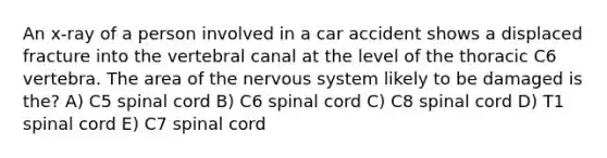 An x-ray of a person involved in a car accident shows a displaced fracture into the vertebral canal at the level of the thoracic C6 vertebra. The area of the <a href='https://www.questionai.com/knowledge/kThdVqrsqy-nervous-system' class='anchor-knowledge'>nervous system</a> likely to be damaged is the? A) C5 spinal cord B) C6 spinal cord C) C8 spinal cord D) T1 spinal cord E) C7 spinal cord