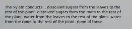 The xylem conducts... dissolved sugars from the leaves to the rest of the plant. dissolved sugars from the roots to the rest of the plant. water from the leaves to the rest of the plant. water from the roots to the rest of the plant. none of these