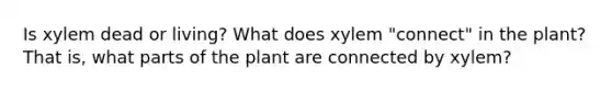 Is xylem dead or living? What does xylem "connect" in the plant? That is, what parts of the plant are connected by xylem?