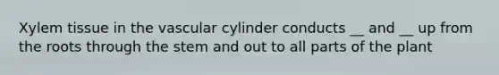 Xylem tissue in the vascular cylinder conducts __ and __ up from the roots through the stem and out to all parts of the plant