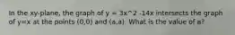 In the xy-plane, the graph of y = 3x^2 -14x intersects the graph of y=x at the points (0,0) and (a,a). What is the value of a?