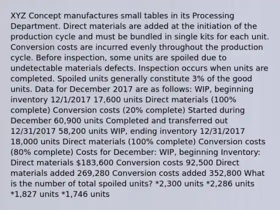 XYZ Concept manufactures small tables in its Processing Department. Direct materials are added at the initiation of the production cycle and must be bundled in single kits for each unit. Conversion costs are incurred evenly throughout the production cycle. Before inspection, some units are spoiled due to undetectable materials defects. Inspection occurs when units are completed. Spoiled units generally constitute 3% of the good units. Data for December 2017 are as follows: WIP, beginning inventory 12/1/2017 17,600 units Direct materials (100% complete) Conversion costs (20% complete) Started during December 60,900 units Completed and transferred out 12/31/2017 58,200 units WIP, ending inventory 12/31/2017 18,000 units Direct materials (100% complete) Conversion costs (80% complete) Costs for December: WIP, beginning Inventory: Direct materials 183,600 Conversion costs 92,500 Direct materials added 269,280 Conversion costs added 352,800 What is the number of total spoiled units? *2,300 units *2,286 units *1,827 units *1,746 units