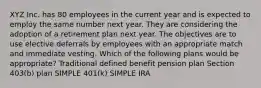 XYZ Inc. has 80 employees in the current year and is expected to employ the same number next year. They are considering the adoption of a retirement plan next year. The objectives are to use elective deferrals by employees with an appropriate match and immediate vesting. Which of the following plans would be appropriate? Traditional defined benefit pension plan Section 403(b) plan SIMPLE 401(k) SIMPLE IRA