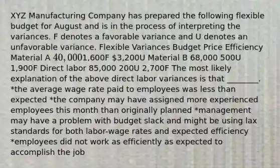 XYZ Manufacturing Company has prepared the following flexible budget for August and is in the process of interpreting the variances. F denotes a favorable variance and U denotes an unfavorable variance. Flexible Variances Budget Price Efficiency Material A 40,0001,600F 3,200U Material B 68,000 500U 1,900F Direct labor 85,000 200U 2,700F The most likely explanation of the above direct labor variances is that ________. *the average wage rate paid to employees was <a href='https://www.questionai.com/knowledge/k7BtlYpAMX-less-than' class='anchor-knowledge'>less than</a> expected *the company may have assigned more experienced employees this month than originally planned *management may have a problem with budget slack and might be using lax standards for both labor-wage rates and expected efficiency *employees did not work as efficiently as expected to accomplish the job