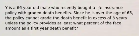 Y is a 66 year old male who recently bought a life insurance policy with graded death benefits. Since he is over the age of 65, the policy cannot grade the death benefit in excess of 3 years unless the policy provides at least what percent of the face amount as a first year death benefit?