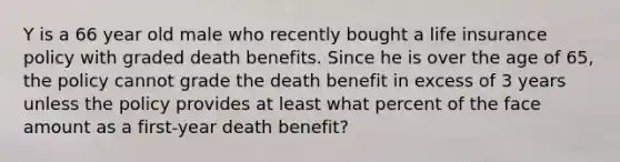 Y is a 66 year old male who recently bought a life insurance policy with graded death benefits. Since he is over the age of 65, the policy cannot grade the death benefit in excess of 3 years unless the policy provides at least what percent of the face amount as a first-year death benefit?