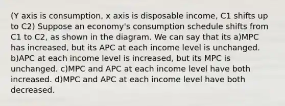 (Y axis is consumption, x axis is disposable income, C1 shifts up to C2) Suppose an economy's consumption schedule shifts from C1 to C2, as shown in the diagram. We can say that its a)MPC has increased, but its APC at each income level is unchanged. b)APC at each income level is increased, but its MPC is unchanged. c)MPC and APC at each income level have both increased. d)MPC and APC at each income level have both decreased.