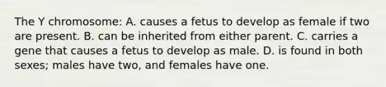 The Y chromosome: A. causes a fetus to develop as female if two are present. B. can be inherited from either parent. C. carries a gene that causes a fetus to develop as male. D. is found in both sexes; males have two, and females have one.