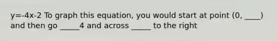 y=-4x-2 To graph this equation, you would start at point (0, ____) and then go _____4 and across _____ to the right