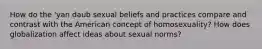 How do the 'yan daub sexual beliefs and practices compare and contrast with the American concept of homosexuality? How does globalization affect ideas about sexual norms?