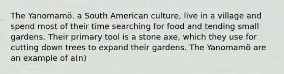 The Yanomamö, a South American culture, live in a village and spend most of their time searching for food and tending small gardens. Their primary tool is a stone axe, which they use for cutting down trees to expand their gardens. The Yanomamö are an example of a(n)