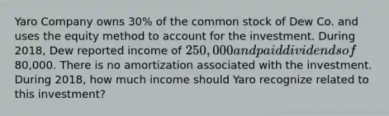 Yaro Company owns 30% of the common stock of Dew Co. and uses the equity method to account for the investment. During 2018, Dew reported income of 250,000 and paid dividends of80,000. There is no amortization associated with the investment. During 2018, how much income should Yaro recognize related to this investment?