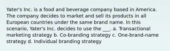 Yater's Inc. is a food and beverage company based in America. The company decides to market and sell its products in all European countries under the same brand name. In this scenario, Yater's Inc. decides to use the ___. a. Transactional marketing strategy b. Co-branding strategy c. One-brand-name strategy d. Individual branding strategy