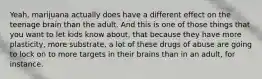 Yeah, marijuana actually does have a different effect on the teenage brain than the adult. And this is one of those things that you want to let kids know about, that because they have more plasticity, more substrate, a lot of these drugs of abuse are going to lock on to more targets in their brains than in an adult, for instance.