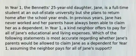 In Year 1, the Bennetts' 25-year-old daughter, Jane, is a full-time student at an out-of-state university but she plans to return home after the school year ends. In previous years, Jane has never worked and her parents have always been able to claim her as a dependent. In Year 1, a kind neighbor offers to pay for all of Jane's educational and living expenses. Which of the following statements is most accurate regarding whether Jane's parents would be allowed to claim Jane as a dependent for Year 1, assuming the neighbor pays for all of Jane's support?