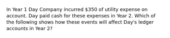 In Year 1 Day Company incurred 350 of utility expense on account. Day paid cash for these expenses in Year 2. Which of the following shows how these events will affect Day's ledger accounts in Year 2?