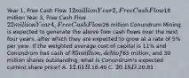 Year 1, Free Cash Flow 12 million Year 2, Free Cash Flow18 million Year 3, Free Cash Flow 22 million Year 4, Free Cash Flow26 million Conundrum Mining is expected to generate the above free cash flows over the next four years, after which they are expected to grow at a rate of 5% per year. If the weighted average cost of capital is 11% and Conundrum has cash of 85 million, debt of65 million, and 30 million shares outstanding, what is Conundrum's expected current share price? A. 12.61 B.16.40 C. 20.18 D.20.81