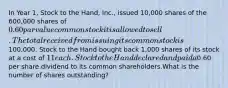 In Year 1, Stock to the Hand, Inc., issued 10,000 shares of the 600,000 shares of 0.60 par value common stock it is allowed to sell. The total received from issuing its common stock is100,000. Stock to the Hand bought back 1,000 shares of its stock at a cost of 11 each. Stock to the Hand declared and paid a0.60 per share dividend to its common shareholders.What is the number of shares outstanding?