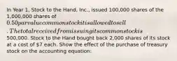 In Year 1, Stock to the Hand, Inc., issued 100,000 shares of the 1,000,000 shares of 0.50 par value common stock it is allowed to sell. The total received from issuing its common stock is500,000. Stock to the Hand bought back 2,000 shares of its stock at a cost of 7 each. Show the effect of the purchase of treasury stock on the accounting equation: