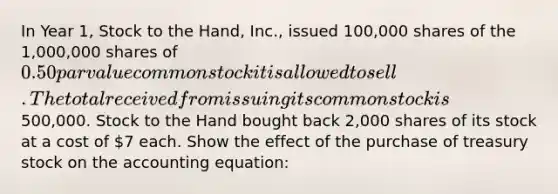 In Year 1, Stock to the Hand, Inc., issued 100,000 shares of the 1,000,000 shares of 0.50 par value common stock it is allowed to sell. The total received from issuing its common stock is500,000. Stock to the Hand bought back 2,000 shares of its stock at a cost of 7 each. Show the effect of the purchase of treasury stock on <a href='https://www.questionai.com/knowledge/k7UJ6J5ODQ-the-accounting-equation' class='anchor-knowledge'>the accounting equation</a>: