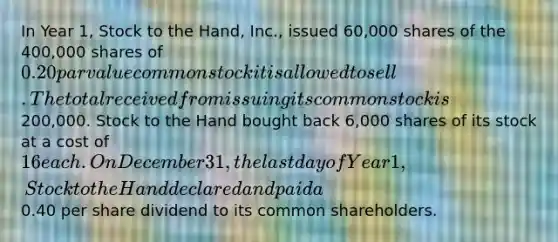 In Year 1, Stock to the Hand, Inc., issued 60,000 shares of the 400,000 shares of 0.20 par value common stock it is allowed to sell. The total received from issuing its common stock is200,000. Stock to the Hand bought back 6,000 shares of its stock at a cost of 16 each. On December 31, the last day of Year 1, Stock to the Hand declared and paid a0.40 per share dividend to its common shareholders.