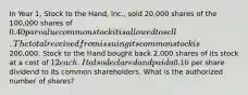 In Year 1, Stock to the Hand, Inc., sold 20,000 shares of the 100,000 shares of 0.40 par value common stock it is allowed to sell. The total received from issuing its common stock is200,000. Stock to the Hand bought back 2,000 shares of its stock at a cost of 12 each. It also declared and paid a0.10 per share dividend to its common shareholders. What is the authorized number of shares?