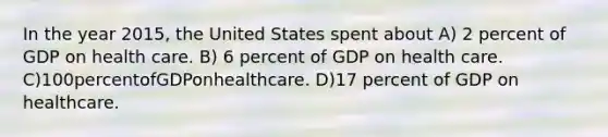 In the year 2015, the United States spent about A) 2 percent of GDP on health care. B) 6 percent of GDP on health care. C)100percentofGDPonhealthcare. D)17 percent of GDP on healthcare.