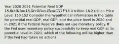 Year 2020 2021 Potential Real GDP 18.0 trillion 18.5 trillion Real GDP18.0 trillion 18.2 trillion Price Level 150 152 Consider the hypothetical information in the table for potential real​ GDP, real​ GDP, and the price level in 2020 and in 2021 if the Federal Reserve does not use monetary policy. If the Fed uses monetary policy successfully to keep real GDP at its potential level in​ 2021, which of the following will be higher than if the Fed had taken no​ action?