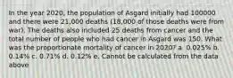 In the year 2020, the population of Asgard initially had 100000 and there were 21,000 deaths (18,000 of those deaths were from war). The deaths also included 25 deaths from cancer and the total number of people who had cancer in Asgard was 150. What was the proportionate mortality of cancer in 2020? a. 0.025% b. 0.14% c. 0.71% d. 0.12% e. Cannot be calculated from the data above