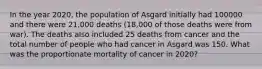 In the year 2020, the population of Asgard initially had 100000 and there were 21,000 deaths (18,000 of those deaths were from war). The deaths also included 25 deaths from cancer and the total number of people who had cancer in Asgard was 150. What was the proportionate mortality of cancer in 2020?